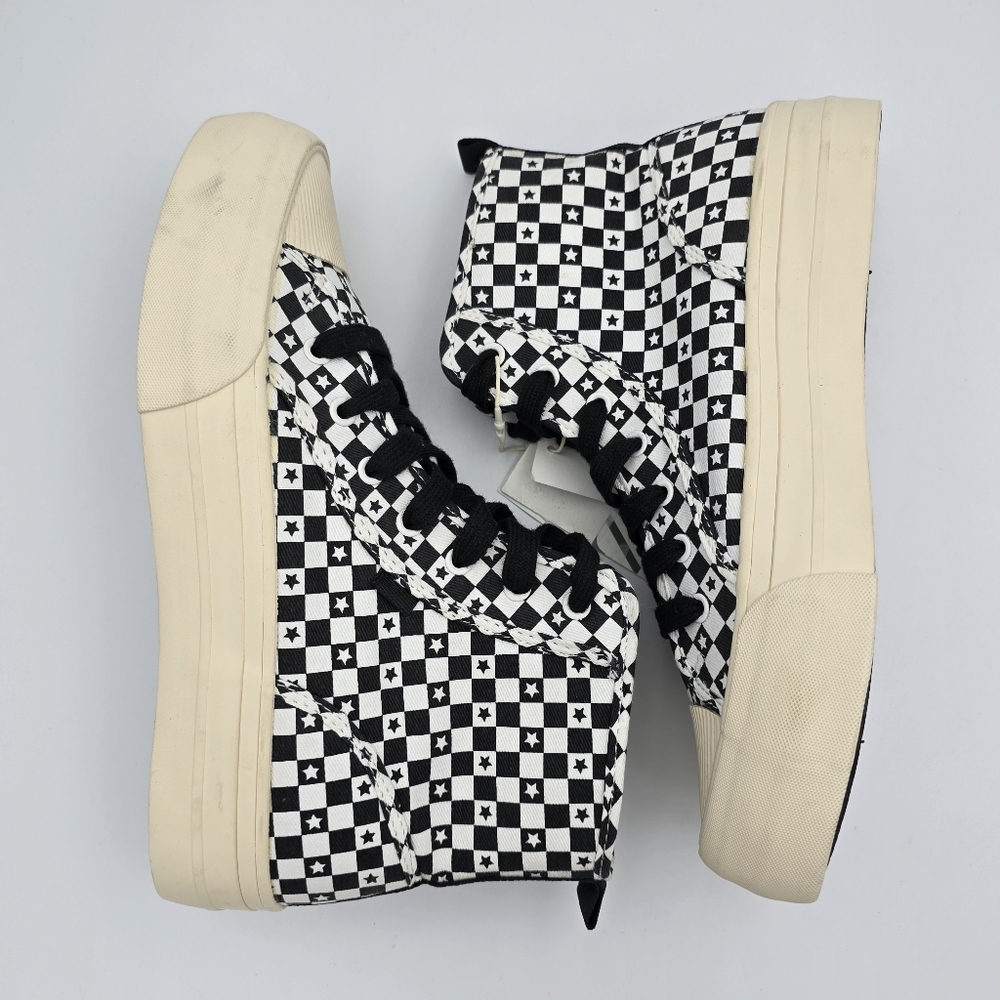 Zara Lace-Up High-Top Canvas Sneakers, Black/White Checkered pattern with stars - Picture 13 of 15